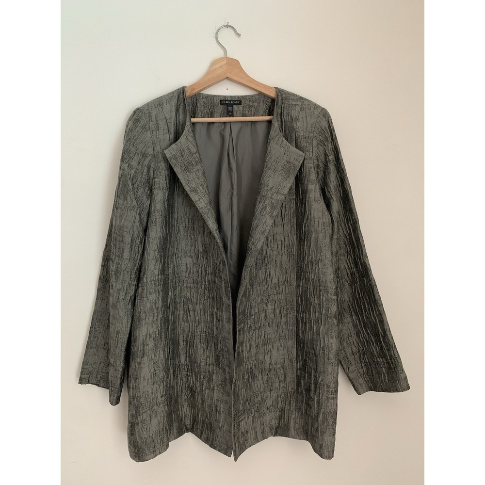 Eileen Fisher Open Blazer Sz L Gray Crinkled Jacquard Rye Cotton Silk Packable